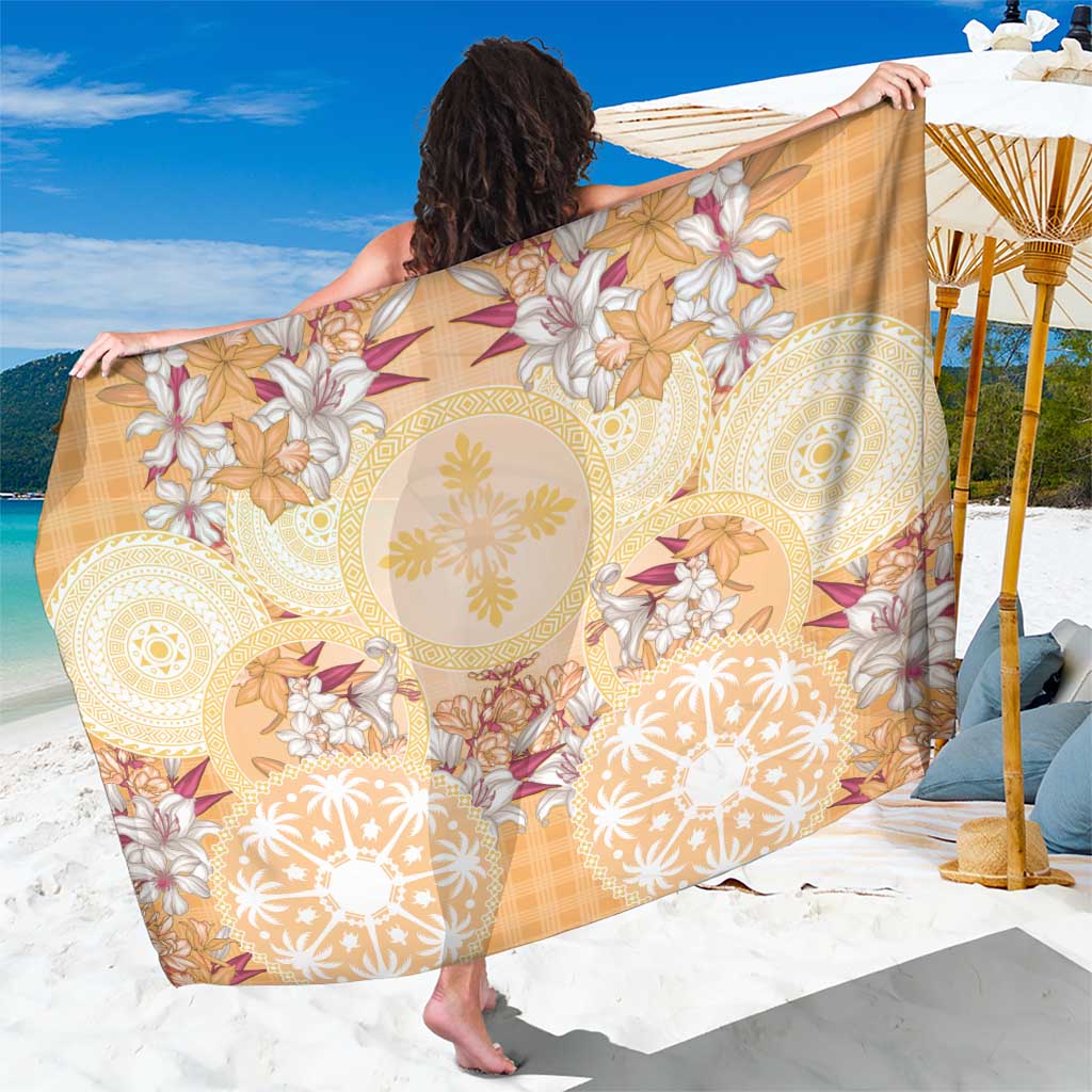 Hawaii Peach Palaka Sarong With Tapa Pattern Tropical Flowers LT05 One Size 44 x 66 inches Peach - Polynesian Pride