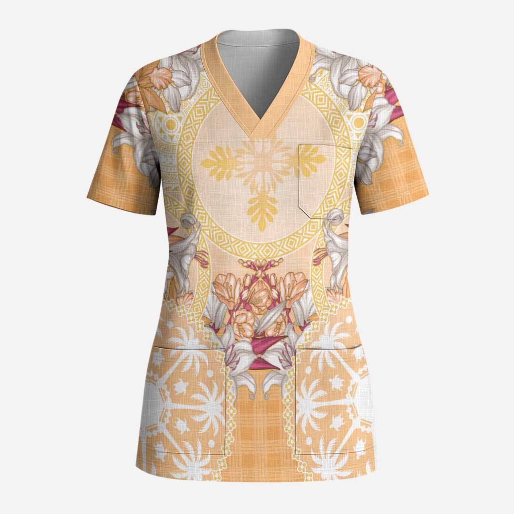 Hawaii Peach Palaka Scrub Top With Tapa Pattern Tropical Flowers - Polynesian Pride