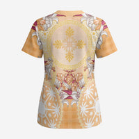 Hawaii Peach Palaka Scrub Top With Tapa Pattern Tropical Flowers - Polynesian Pride