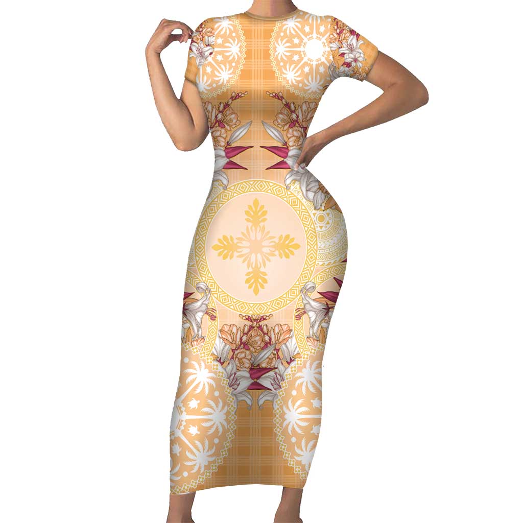 Hawaii Peach Palaka Short Sleeve Bodycon Dress With Tapa Pattern Tropical Flowers - Polynesian Pride