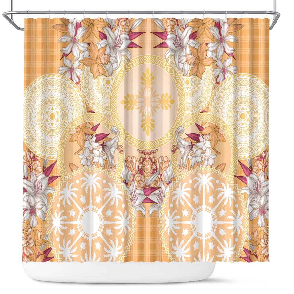 Hawaii Peach Palaka Shower Curtain With Tapa Pattern Tropical Flowers - Polynesian Pride