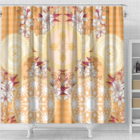 Hawaii Peach Palaka Shower Curtain With Tapa Pattern Tropical Flowers - Polynesian Pride