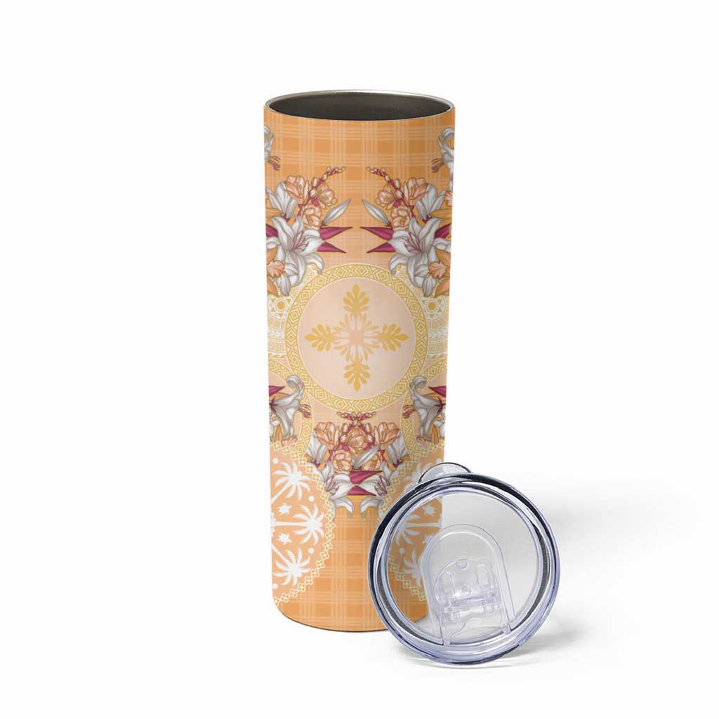 Hawaii Peach Palaka Skinny Tumbler With Tapa Pattern Tropical Flowers - Polynesian Pride