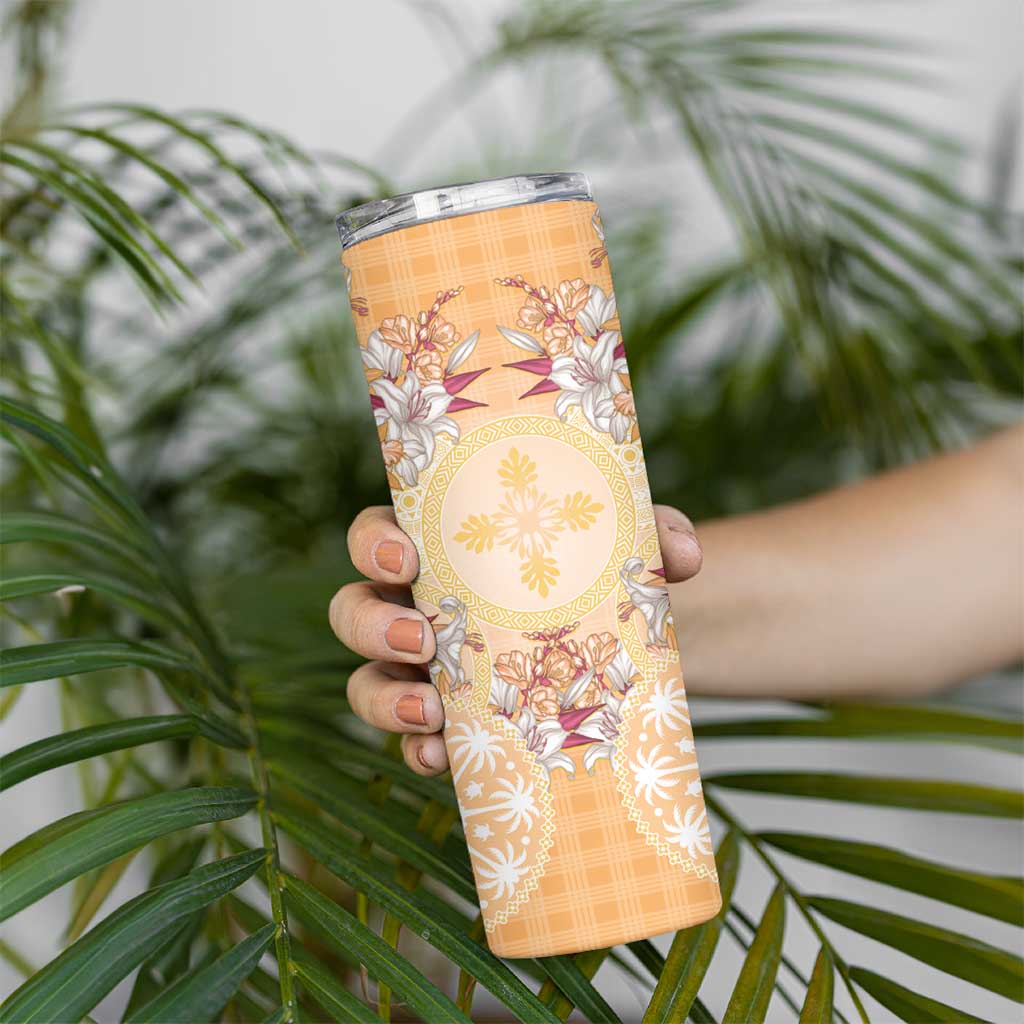 Hawaii Peach Palaka Skinny Tumbler With Tapa Pattern Tropical Flowers - Polynesian Pride