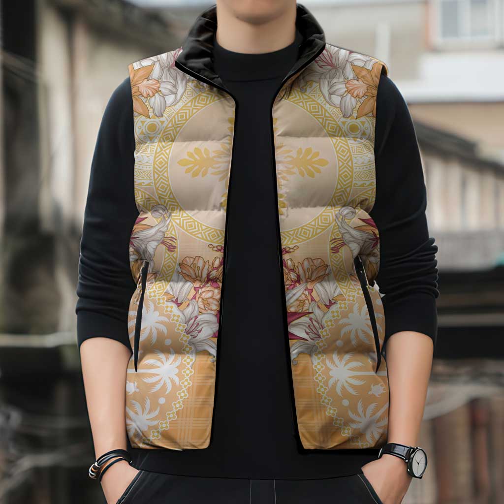 Hawaii Peach Palaka Sleeveless Puffer Jacket With Tapa Pattern Tropical Flowers LT05 - Polynesian Pride