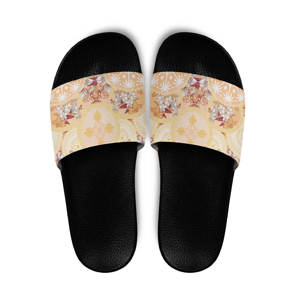 Hawaii Peach Palaka Slide Sandals With Tapa Pattern Tropical Flowers - Polynesian Pride