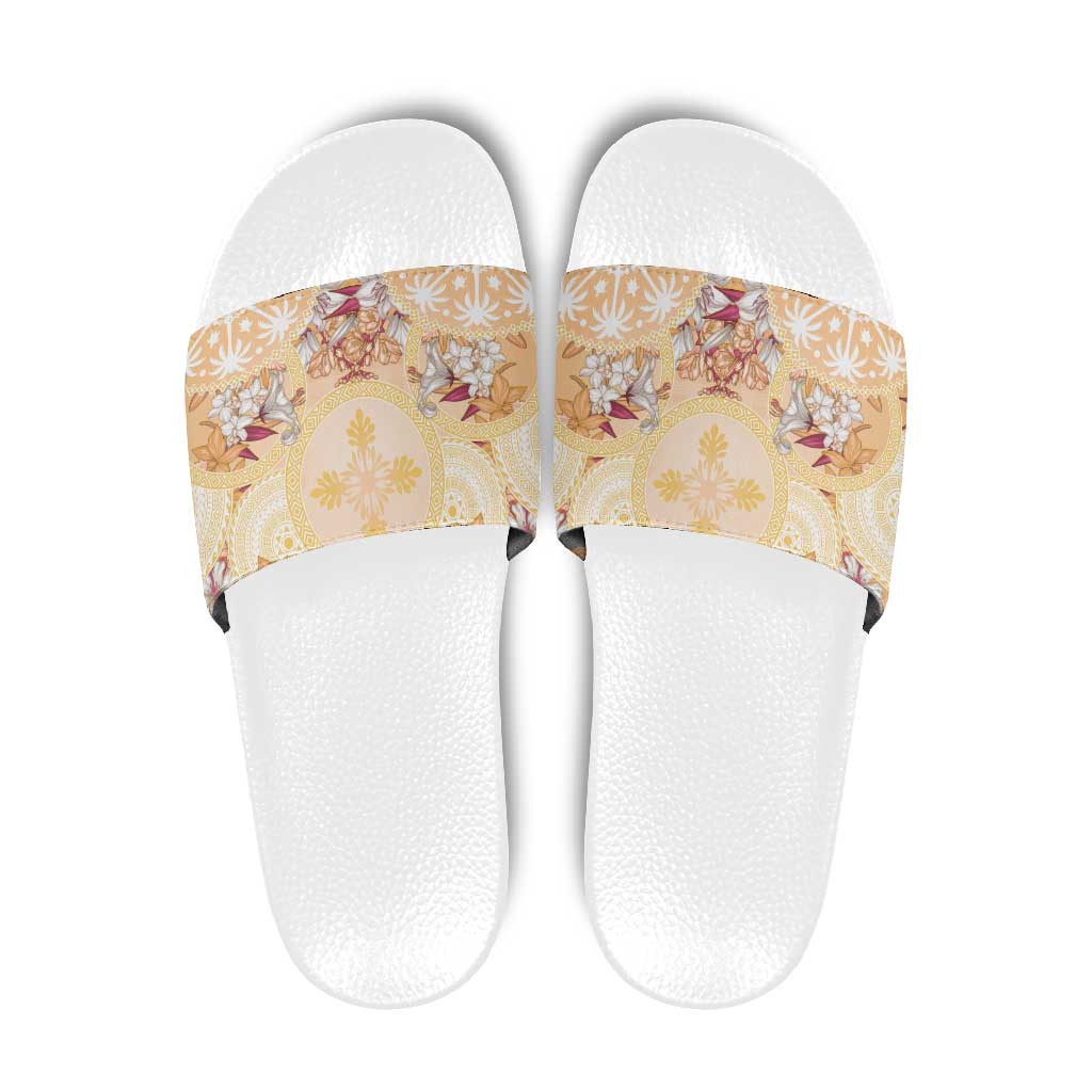 Hawaii Peach Palaka Slide Sandals With Tapa Pattern Tropical Flowers - Polynesian Pride