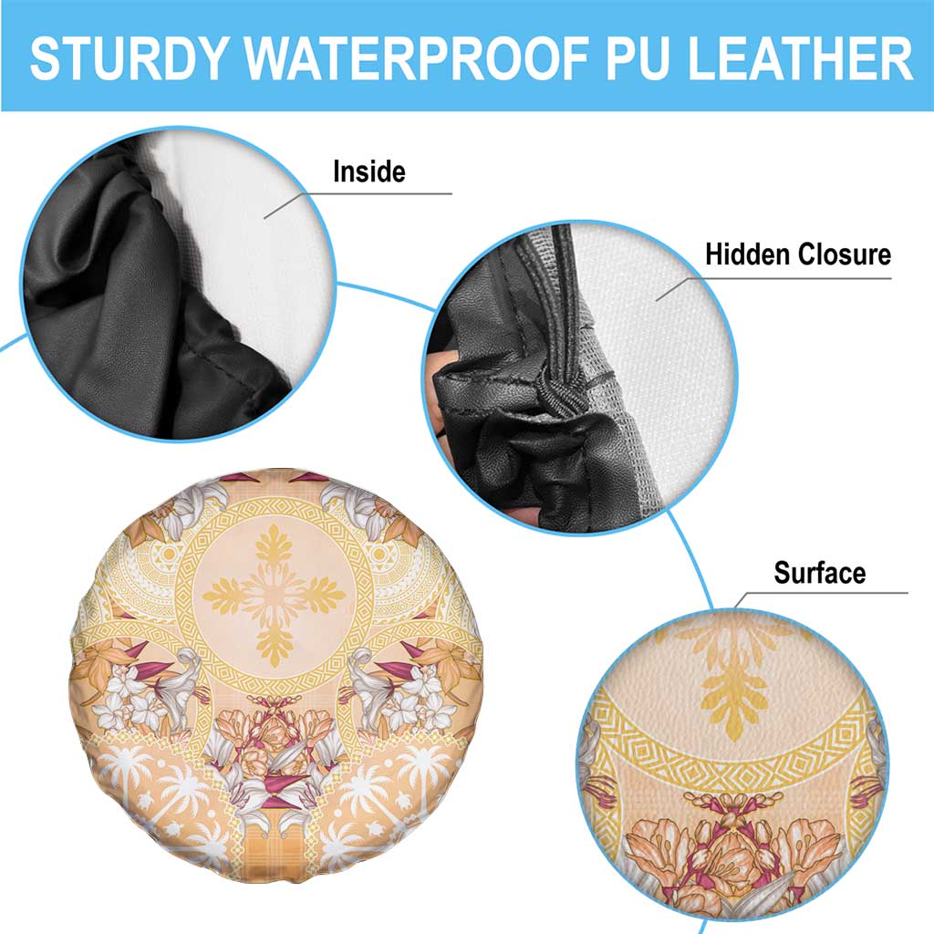 Hawaii Peach Palaka Spare Tire Cover With Tapa Pattern Tropical Flowers - Polynesian Pride