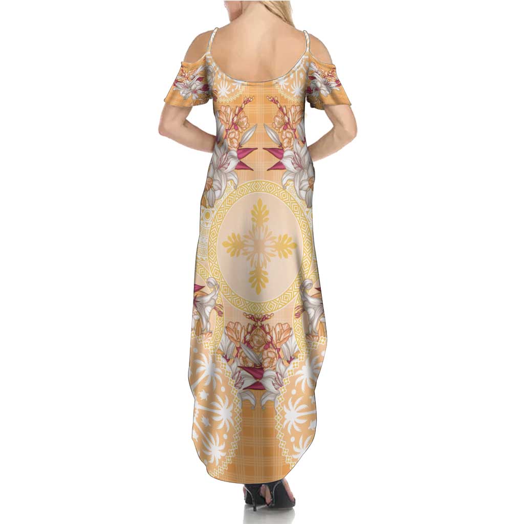 Hawaii Peach Palaka Summer Maxi Dress With Tapa Pattern Tropical Flowers - Polynesian Pride
