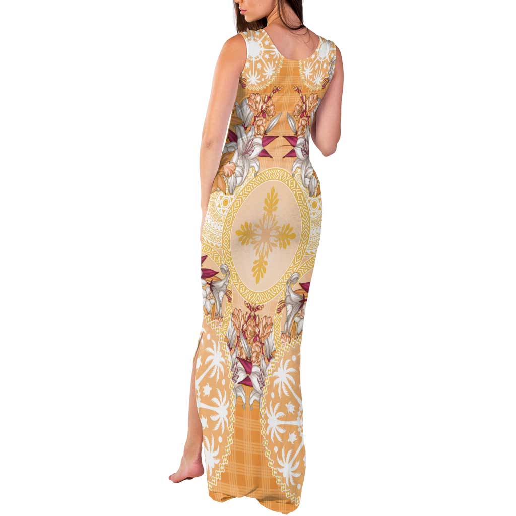 Hawaii Peach Palaka Tank Maxi Dress With Tapa Pattern Tropical Flowers - Polynesian Pride