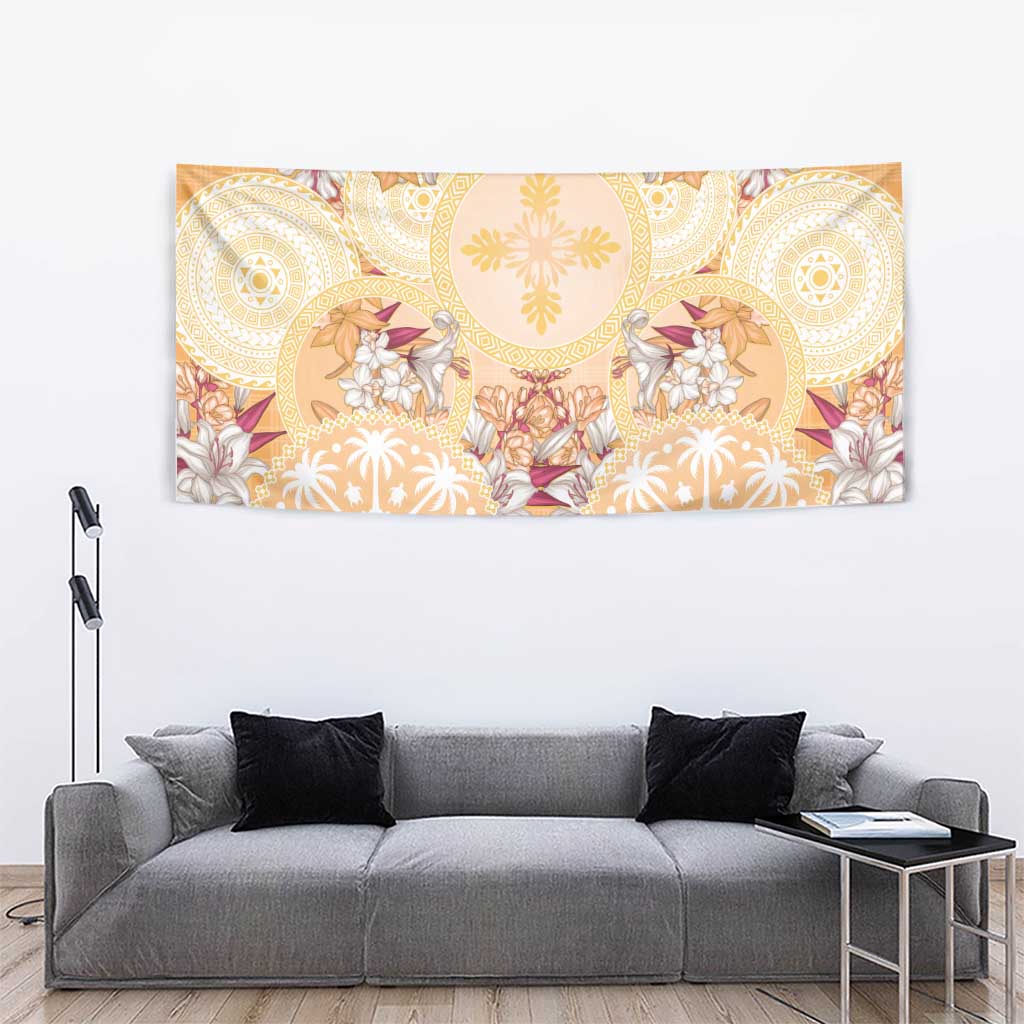 Hawaii Peach Palaka Tapestry With Tapa Pattern Tropical Flowers - Polynesian Pride