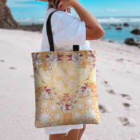 Hawaii Peach Palaka Tote Bag With Tapa Pattern Tropical Flowers - Polynesian Pride
