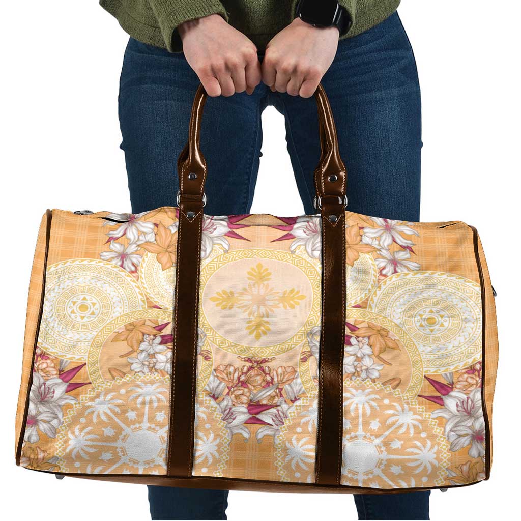 Hawaii Peach Palaka Travel Bag With Tapa Pattern Tropical Flowers - Polynesian Pride