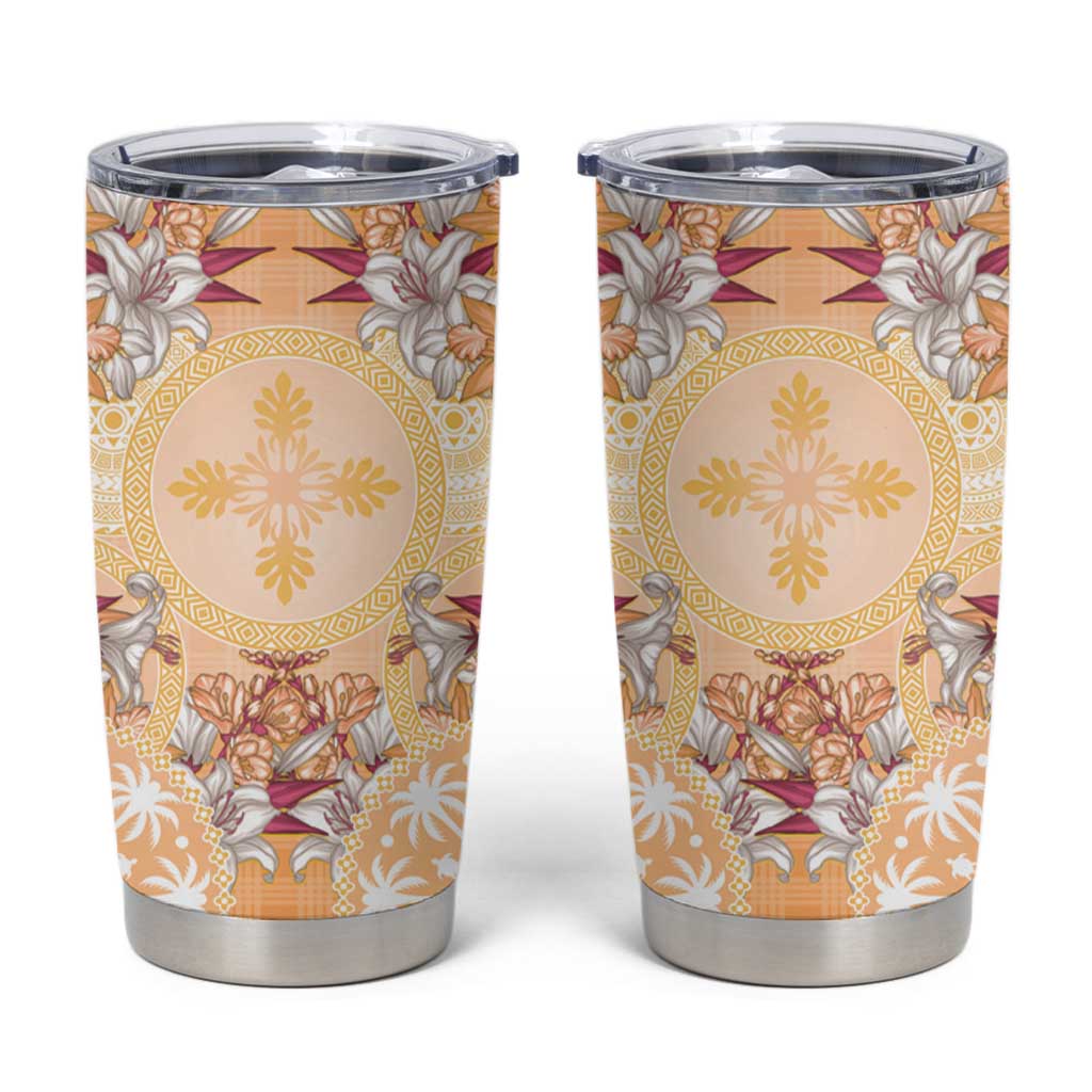 Hawaii Peach Palaka Tumbler Cup With Tapa Pattern Tropical Flowers - Polynesian Pride