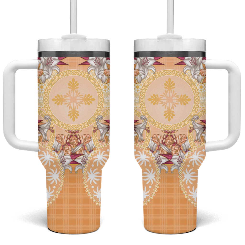Hawaii Peach Palaka Tumbler With Handle With Tapa Pattern Tropical Flowers - Polynesian Pride