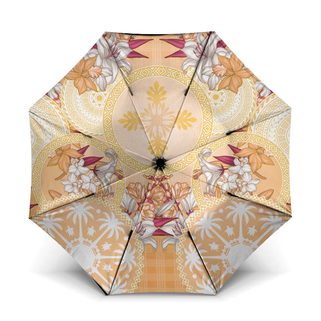 Hawaii Peach Palaka Umbrella With Tapa Pattern Tropical Flowers LT05 One Size Folded 11.42 inch Opened Diameter 37.4 inch Peach - Polynesian Pride
