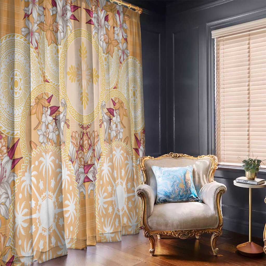 Hawaii Peach Palaka Window Curtain With Tapa Pattern Tropical Flowers - Polynesian Pride