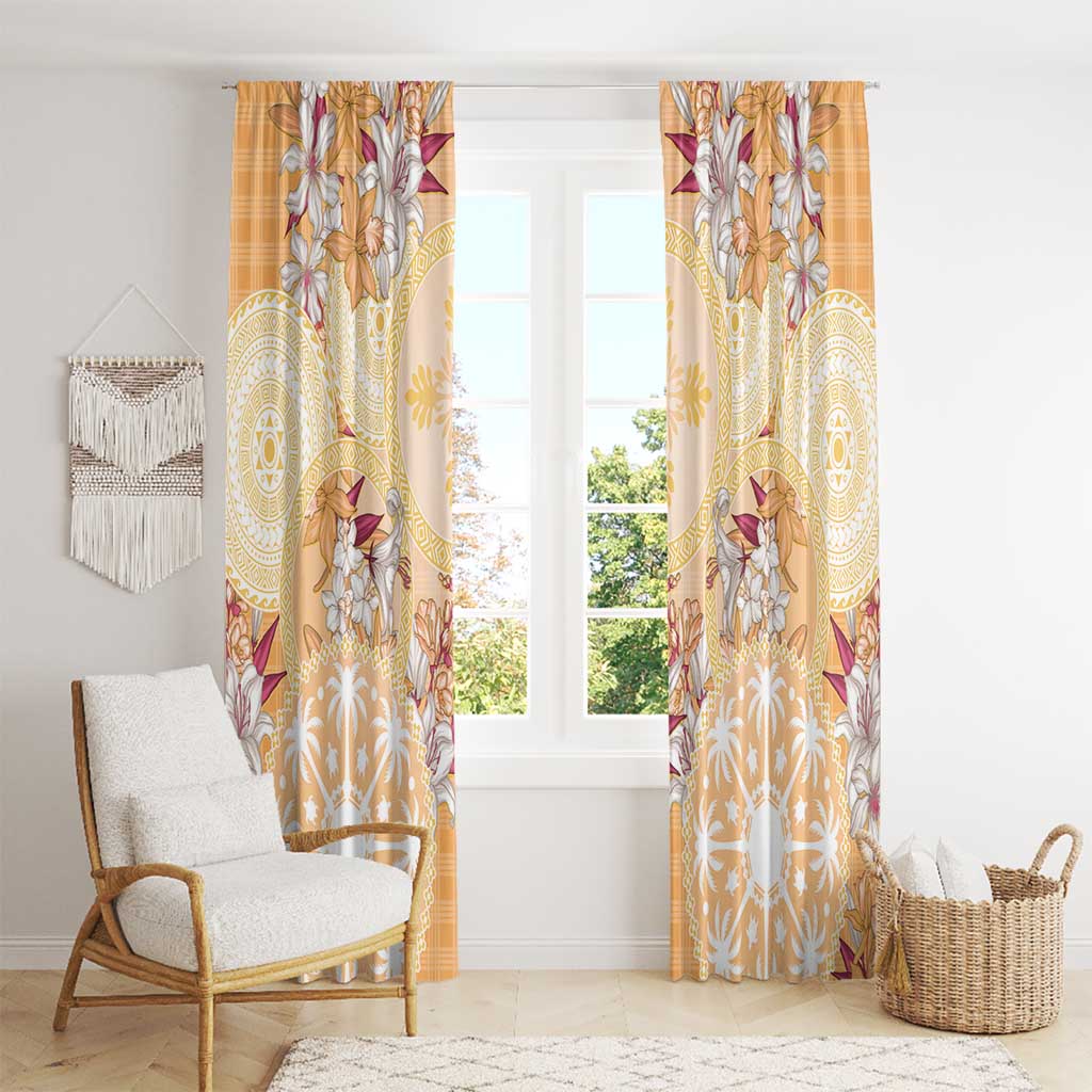 Hawaii Peach Palaka Window Curtain With Tapa Pattern Tropical Flowers - Polynesian Pride