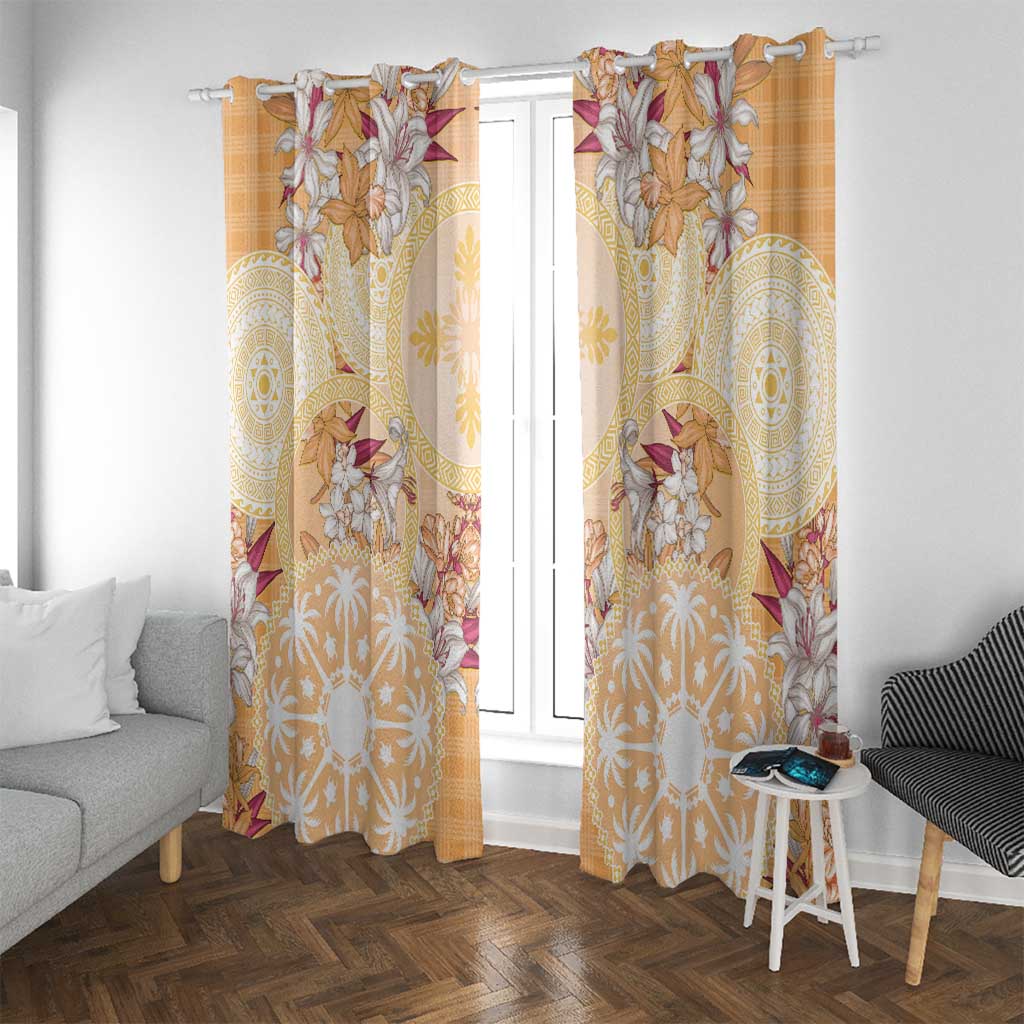 Hawaii Peach Palaka Window Curtain With Tapa Pattern Tropical Flowers - Polynesian Pride