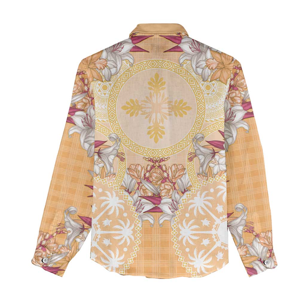 Hawaii Peach Palaka Women Casual Shirt With Tapa Pattern Tropical Flowers - Polynesian Pride