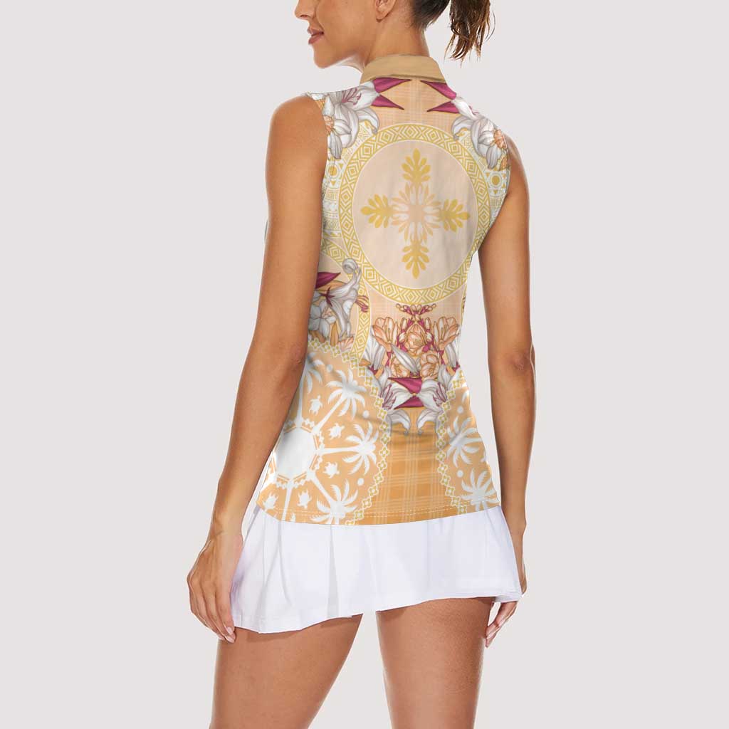 Hawaii Peach Palaka Women Sleeveless Polo Shirt With Tapa Pattern Tropical Flowers - Polynesian Pride
