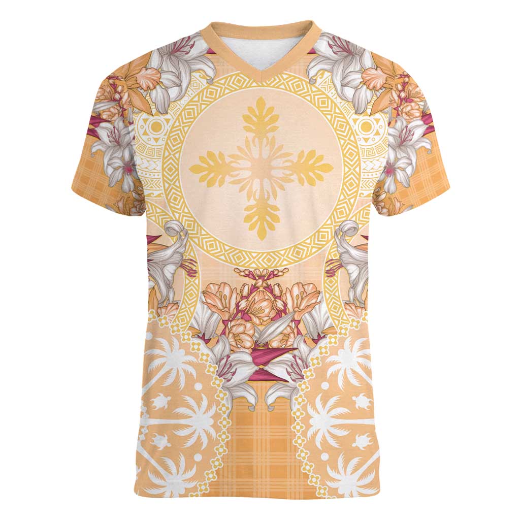 Hawaii Peach Palaka Women V-Neck T-Shirt With Tapa Pattern Tropical Flowers LT05 Female Peach - Polynesian Pride