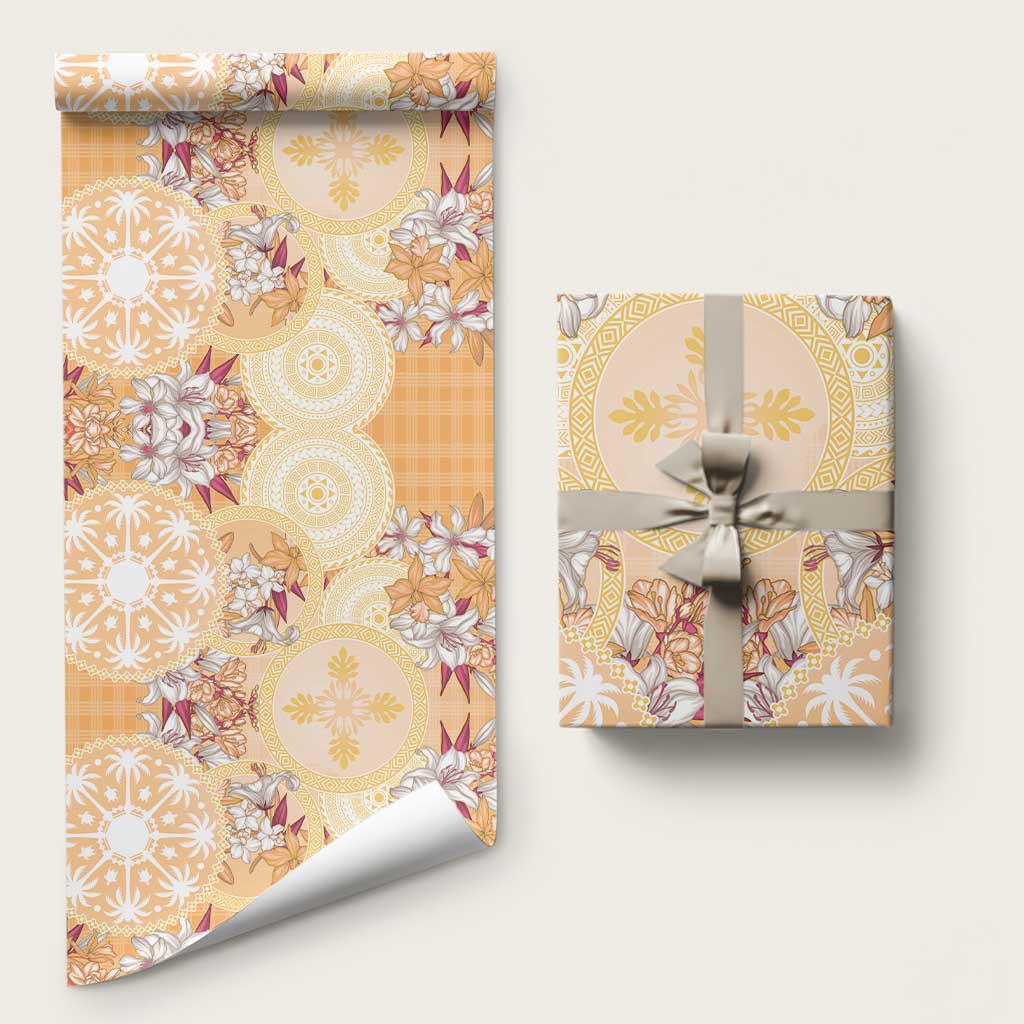 Hawaii Peach Palaka Wrapping Paper With Tapa Pattern Tropical Flowers - Polynesian Pride