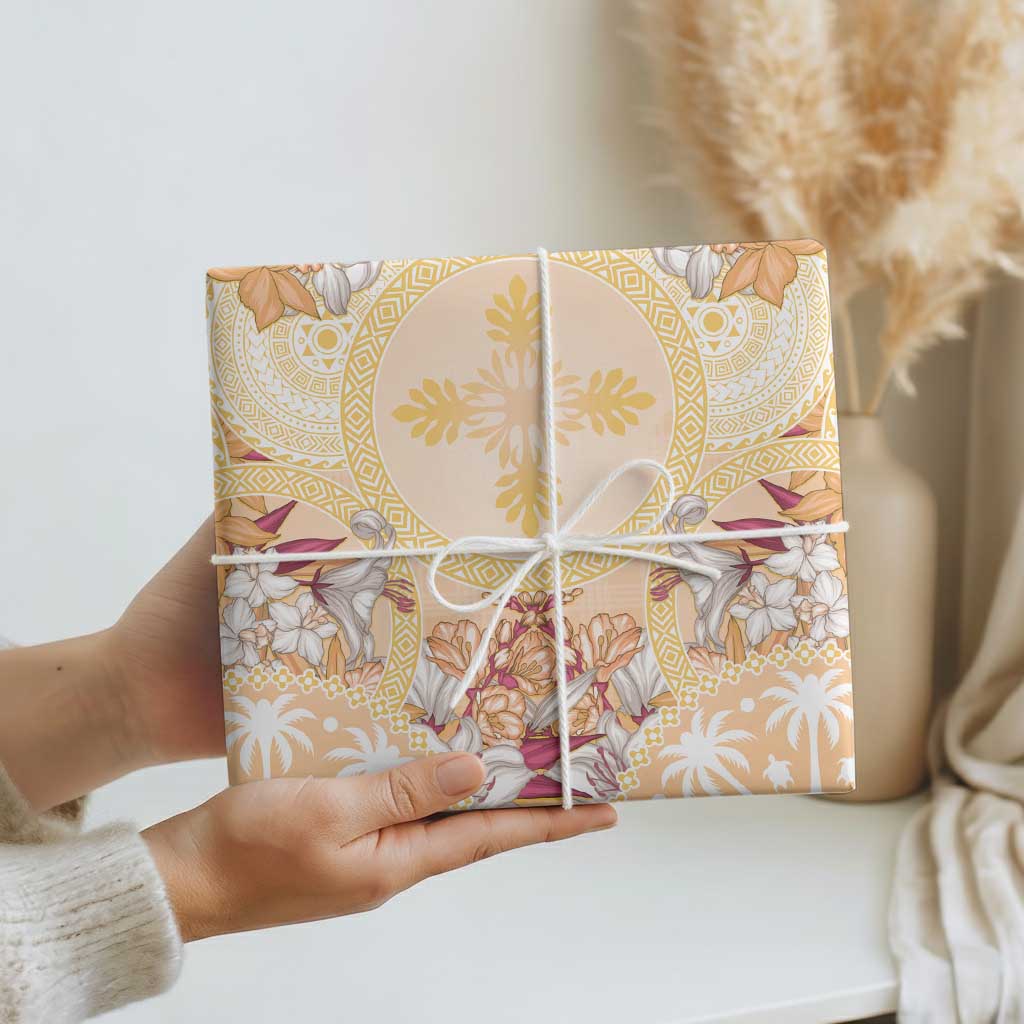 Hawaii Peach Palaka Wrapping Paper With Tapa Pattern Tropical Flowers - Polynesian Pride