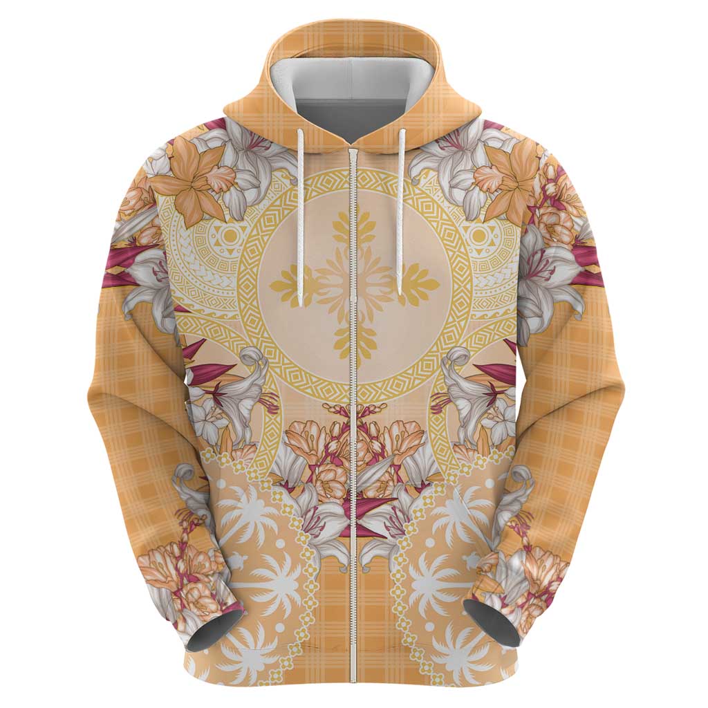 Hawaii Peach Palaka Zip Hoodie With Tapa Pattern Tropical Flowers - Polynesian Pride