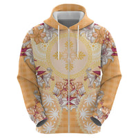 Hawaii Peach Palaka Zip Hoodie With Tapa Pattern Tropical Flowers - Polynesian Pride