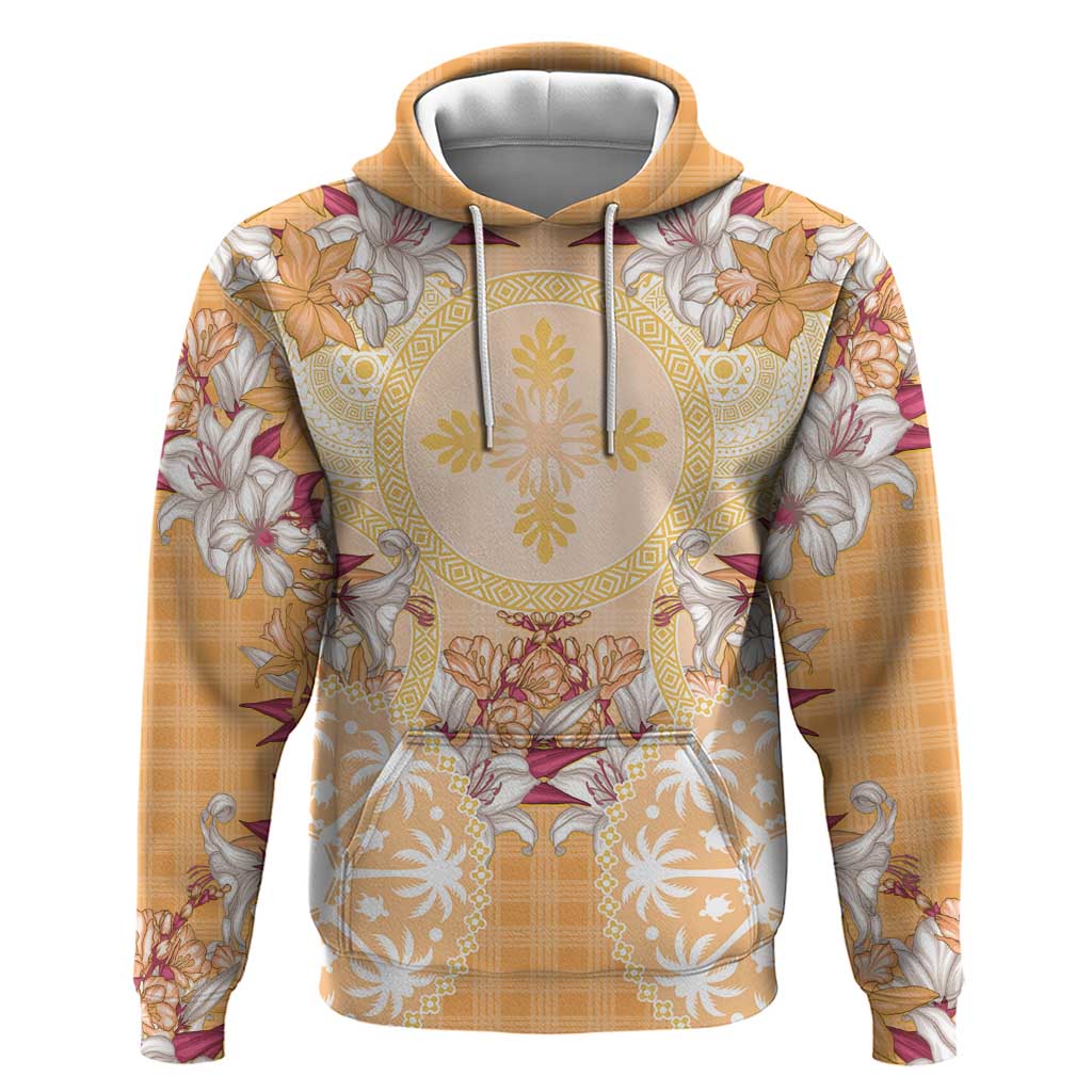 Hawaii Peach Palaka Zip Hoodie With Tapa Pattern Tropical Flowers - Polynesian Pride