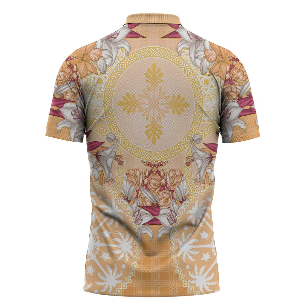 Hawaii Peach Palaka Zipper Polo Shirt With Tapa Pattern Tropical Flowers - Polynesian Pride