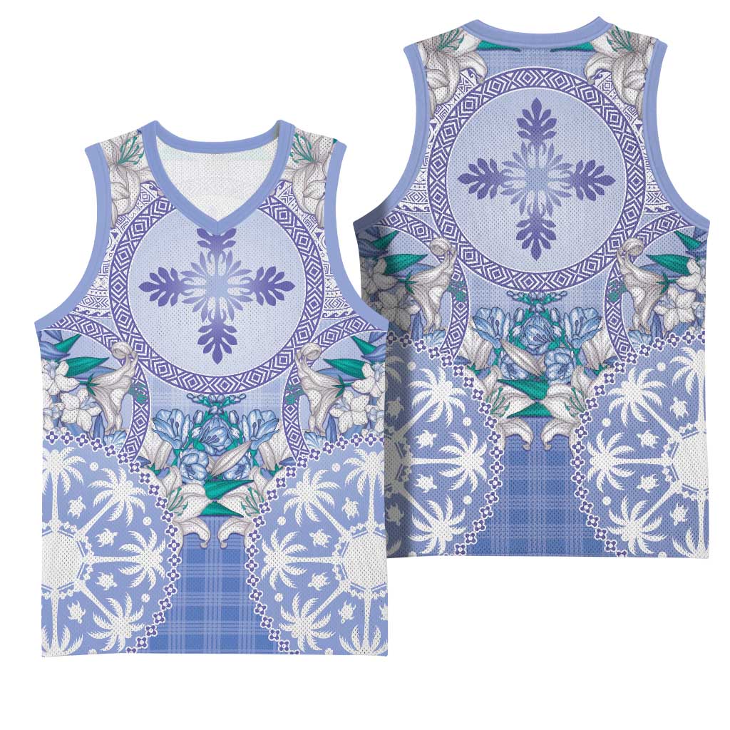 Hawaii Violet Palaka Basketball Jersey With Tapa Pattern Tropical Flowers - Polynesian Pride
