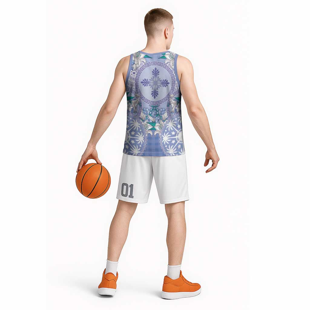 Hawaii Violet Palaka Basketball Jersey With Tapa Pattern Tropical Flowers - Polynesian Pride