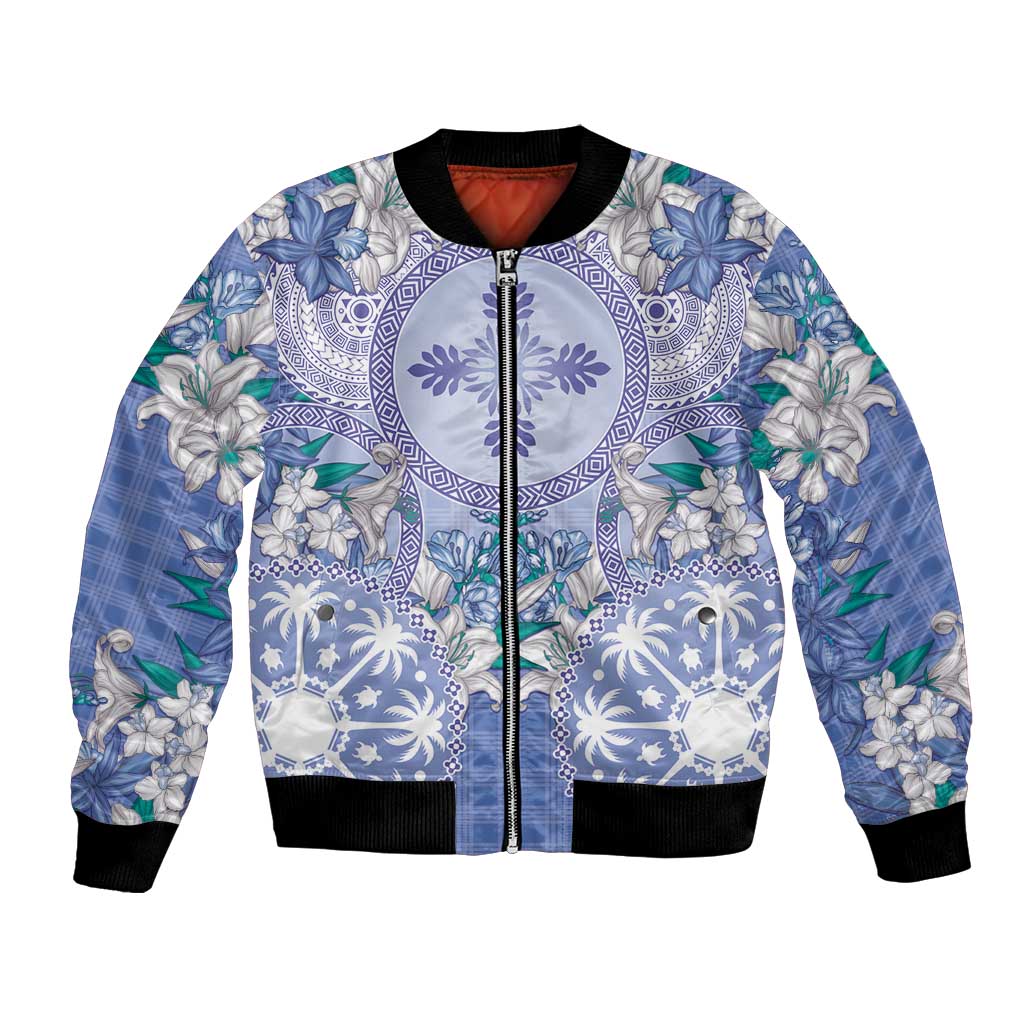 Hawaii Violet Palaka Bomber Jacket With Tapa Pattern Tropical Flowers - Polynesian Pride