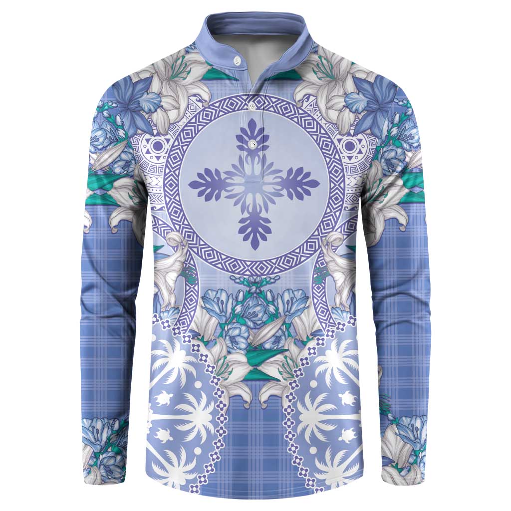 Hawaii Violet Palaka Button Sweatshirt With Tapa Pattern Tropical Flowers - Polynesian Pride