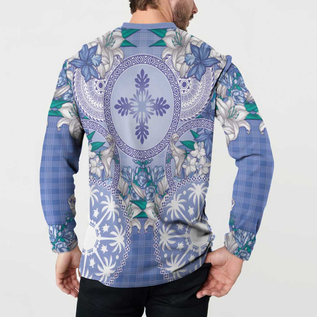 Hawaii Violet Palaka Button Sweatshirt With Tapa Pattern Tropical Flowers - Polynesian Pride