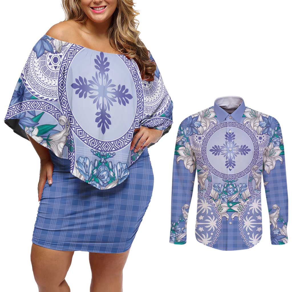 Hawaii Violet Palaka Couples Matching Off Shoulder Short Dress and Long Sleeve Button Shirt With Tapa Pattern Tropical Flowers - Polynesian Pride