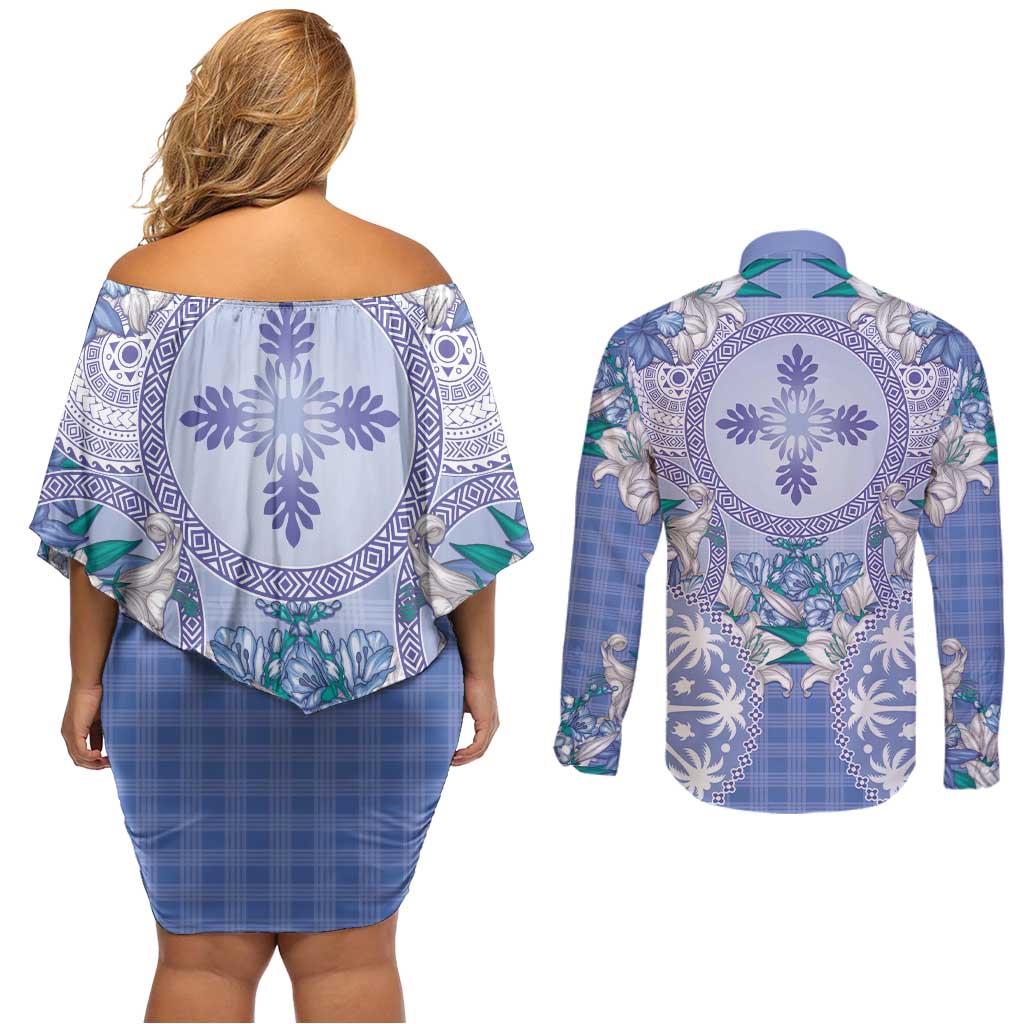 Hawaii Violet Palaka Couples Matching Off Shoulder Short Dress and Long Sleeve Button Shirt With Tapa Pattern Tropical Flowers - Polynesian Pride