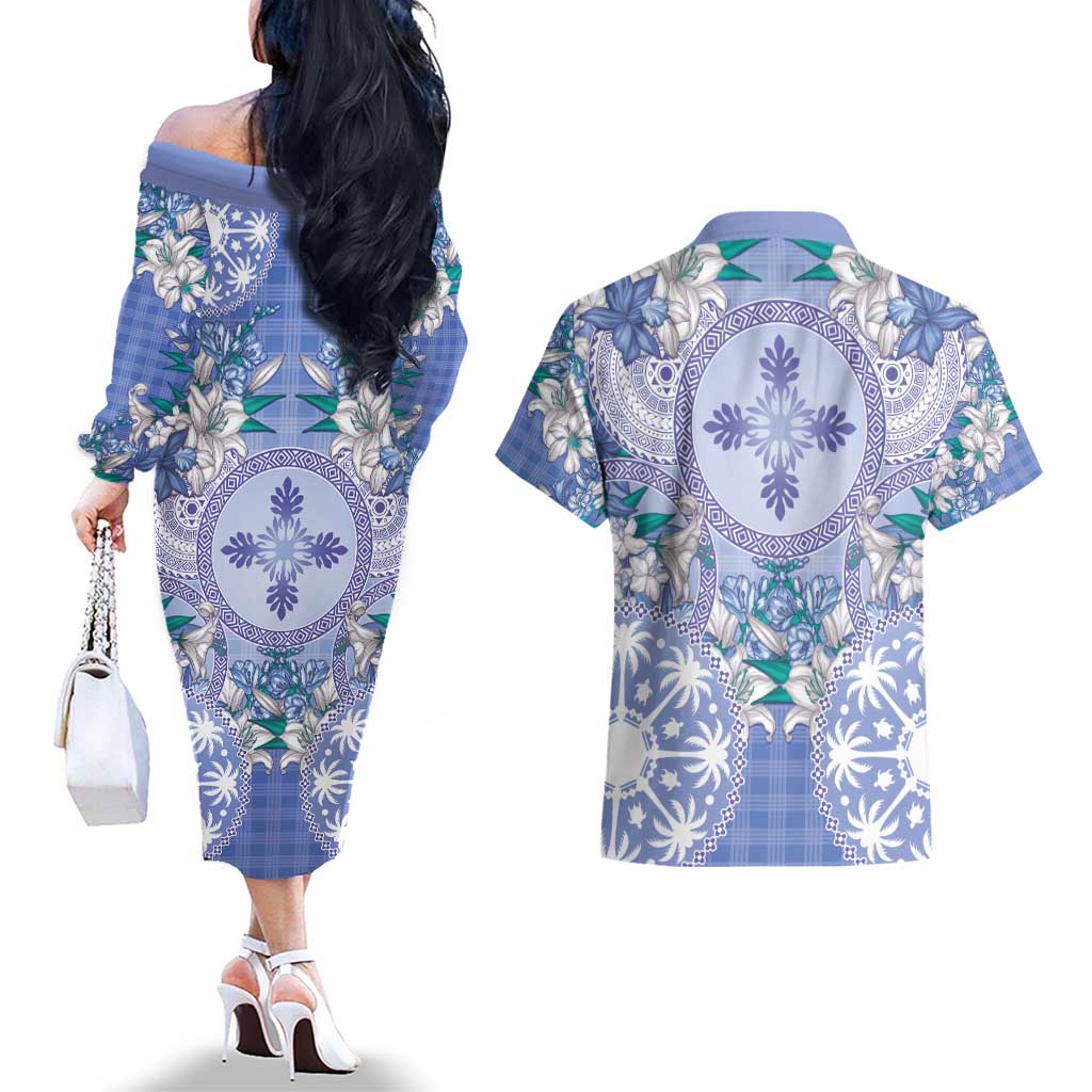 Hawaii Violet Palaka Couples Matching Off The Shoulder Long Sleeve Dress and Hawaiian Shirt With Tapa Pattern Tropical Flowers - Polynesian Pride