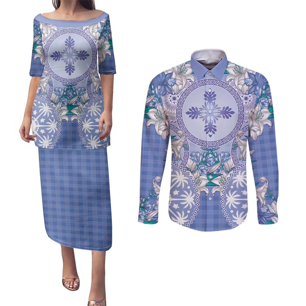 Hawaii Violet Palaka Couples Matching Puletasi and Long Sleeve Button Shirt With Tapa Pattern Tropical Flowers - Polynesian Pride