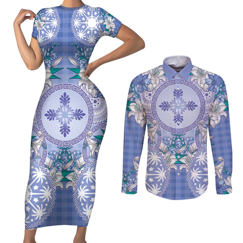 Hawaii Violet Palaka Couples Matching Short Sleeve Bodycon Dress and Long Sleeve Button Shirt With Tapa Pattern Tropical Flowers - Polynesian Pride