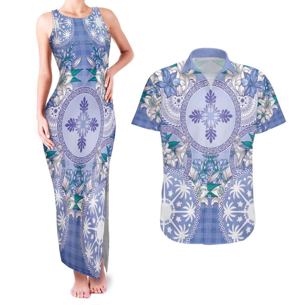 Hawaii Violet Palaka Couples Matching Tank Maxi Dress and Hawaiian Shirt With Tapa Pattern Tropical Flowers - Polynesian Pride