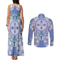 Hawaii Violet Palaka Couples Matching Tank Maxi Dress and Long Sleeve Button Shirt With Tapa Pattern Tropical Flowers - Polynesian Pride