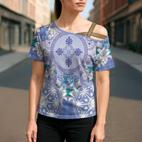 Hawaii Violet Palaka Cross Shoulder Shirt With Tapa Pattern Tropical Flowers - Polynesian Pride