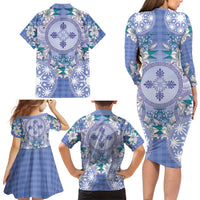 Hawaii Violet Palaka Family Matching Long Sleeve Bodycon Dress and Hawaiian Shirt With Tapa Pattern Tropical Flowers - Polynesian Pride