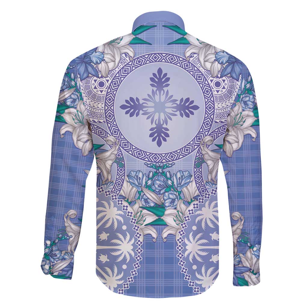 Hawaii Violet Palaka Family Matching Long Sleeve Bodycon Dress and Hawaiian Shirt With Tapa Pattern Tropical Flowers - Polynesian Pride