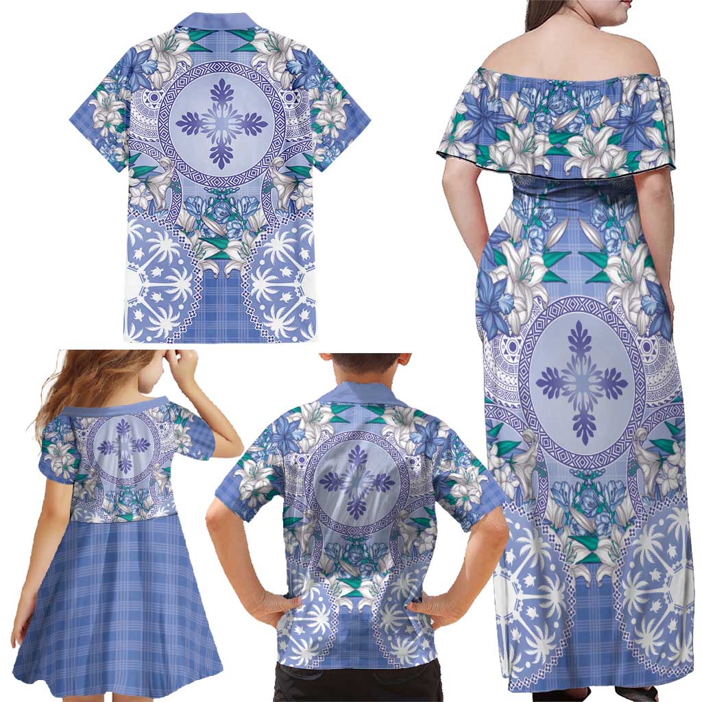 Hawaii Violet Palaka Family Matching Off Shoulder Maxi Dress and Hawaiian Shirt With Tapa Pattern Tropical Flowers - Polynesian Pride