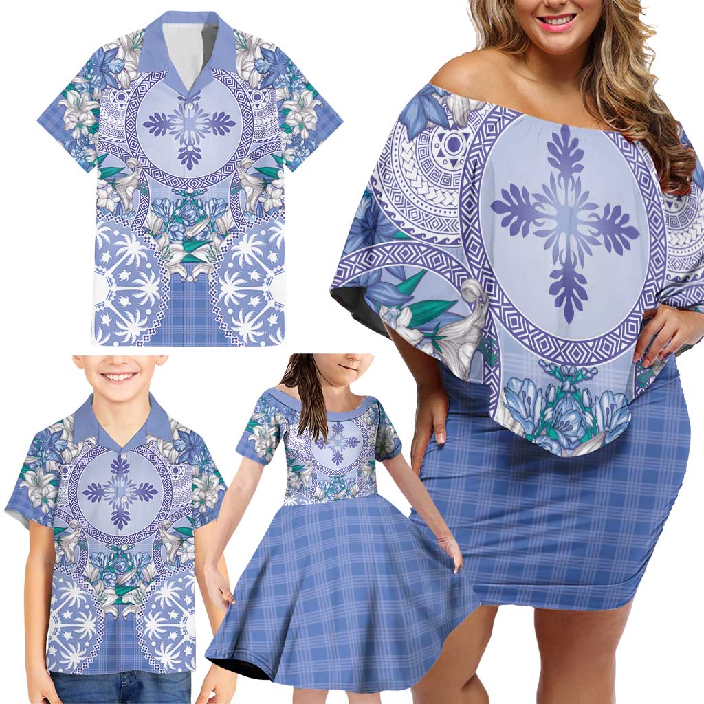 Hawaii Violet Palaka Family Matching Off Shoulder Short Dress and Hawaiian Shirt With Tapa Pattern Tropical Flowers - Polynesian Pride