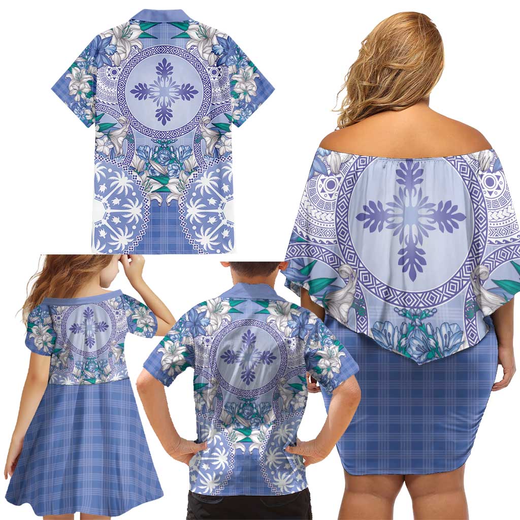 Hawaii Violet Palaka Family Matching Off Shoulder Short Dress and Hawaiian Shirt With Tapa Pattern Tropical Flowers - Polynesian Pride